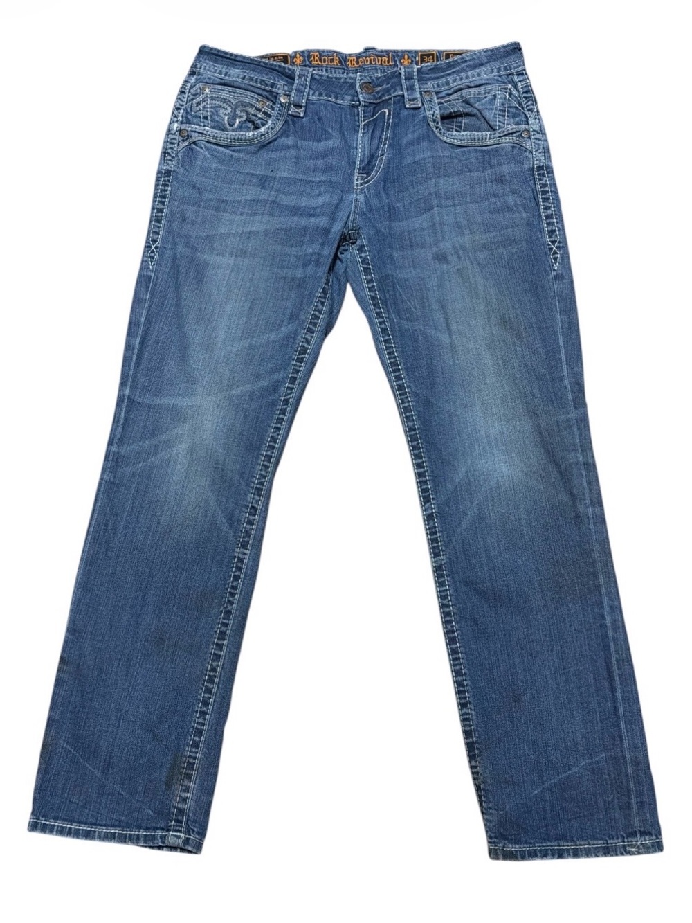 Rock Revival Donato Jeans Men’s 34 *FAIR* Straight Leg Denim UpCycle Grunge